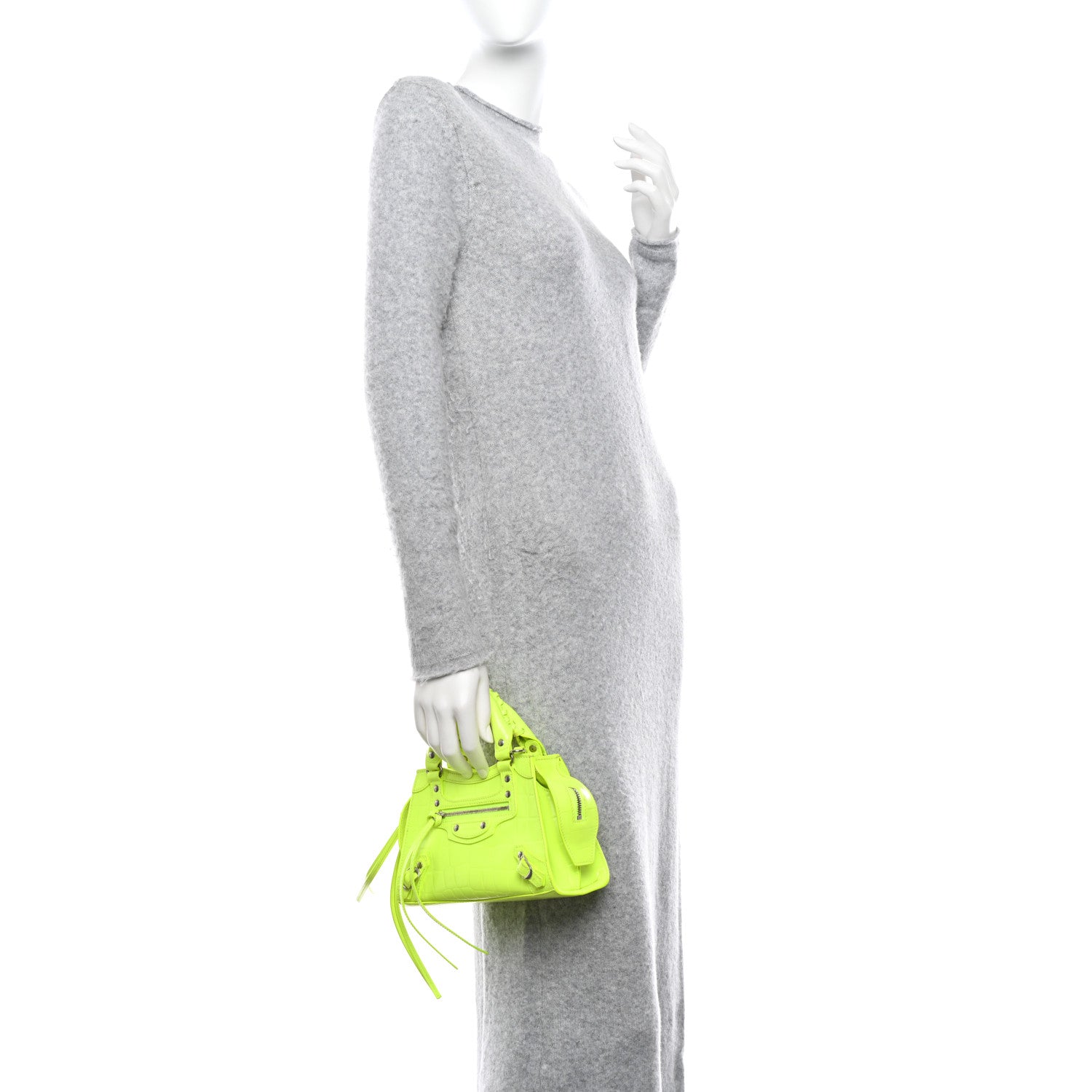 Balenciaga Semi Shiny Calfskin Crocodile Embossed Neo Classic Silver Hardware Mini City Fluo Yellow 2 of 10
