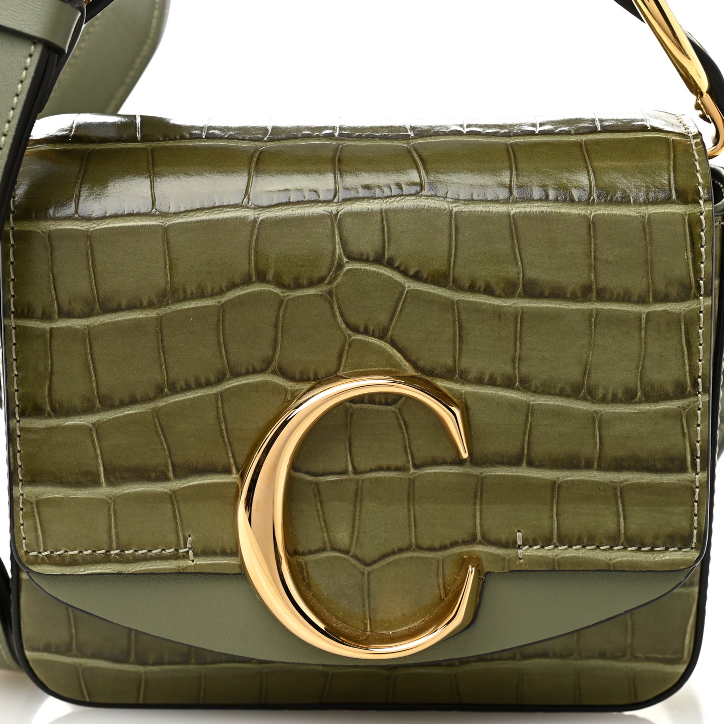 Calfskin Crocodile Embossed Mini C Double Carry Misty Forest