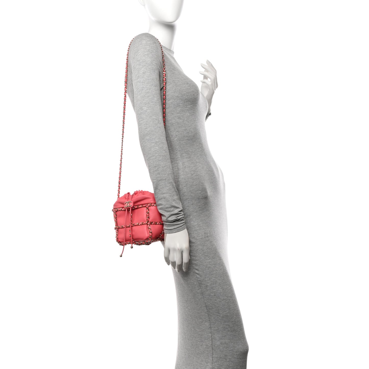 Lambskin Bucket Chain Drawstring Bag Pink