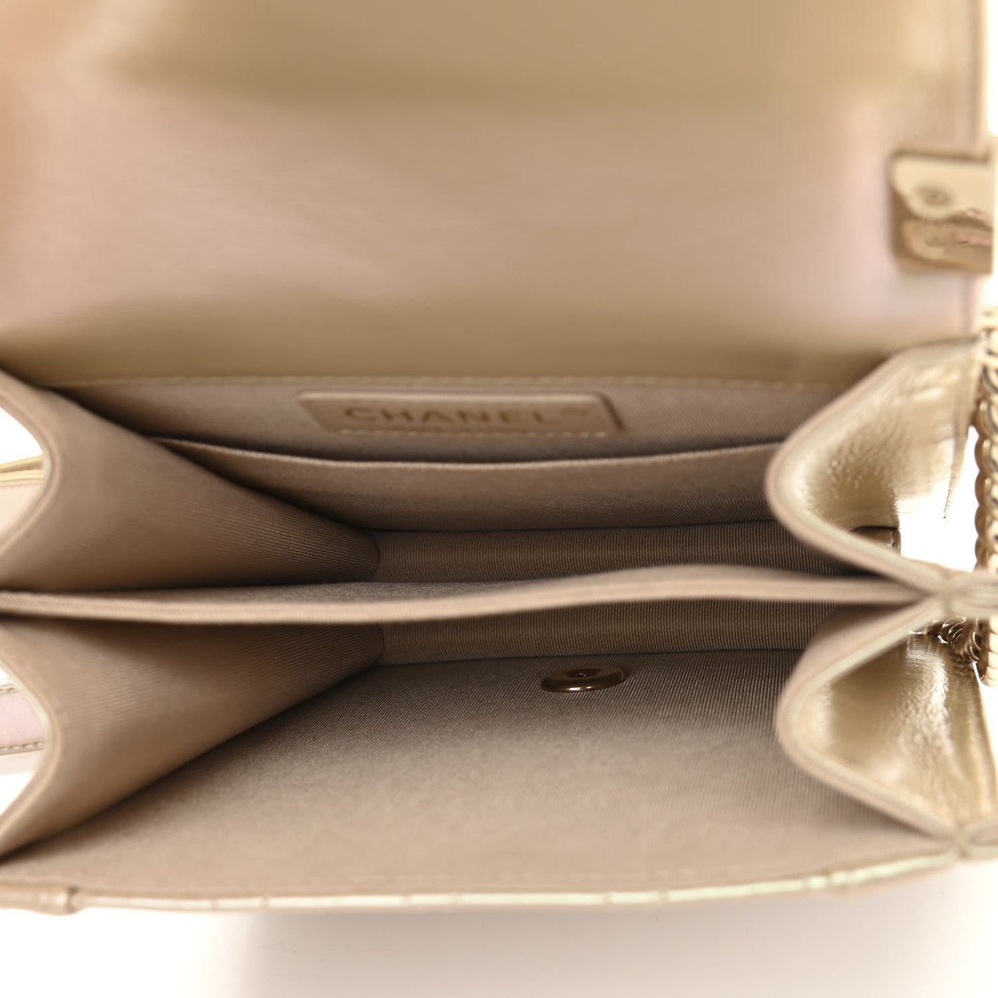 Iridescent Calfskin Quilted North South Boy Flap Beige