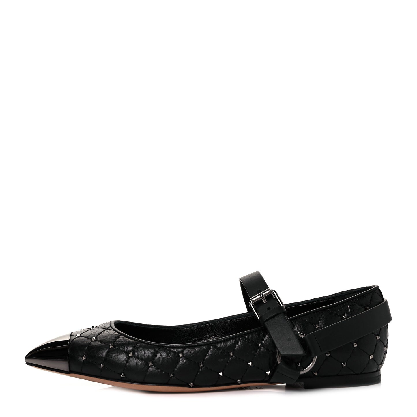 Crackled Lambskin Rockstud Spike Captoe Ballerina Flats 36 Black