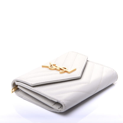 Saint Laurent Grain De Poudre Matelasse Chevron Monogram Compact Tri Fold Wallet Crema Soft 4 of 8