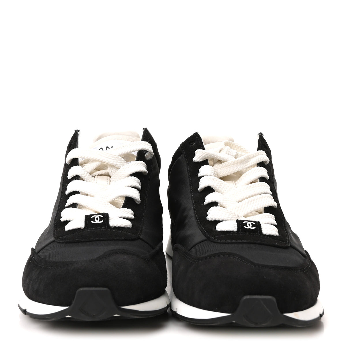 Chanel Nylon Suede Kidskin Calfskin Logo Sneakers 38 Black White 3 of 10