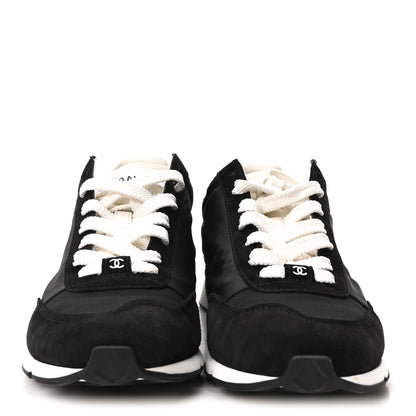Chanel Nylon Suede Kidskin Calfskin Logo Sneakers 38 Black White 3 of 10