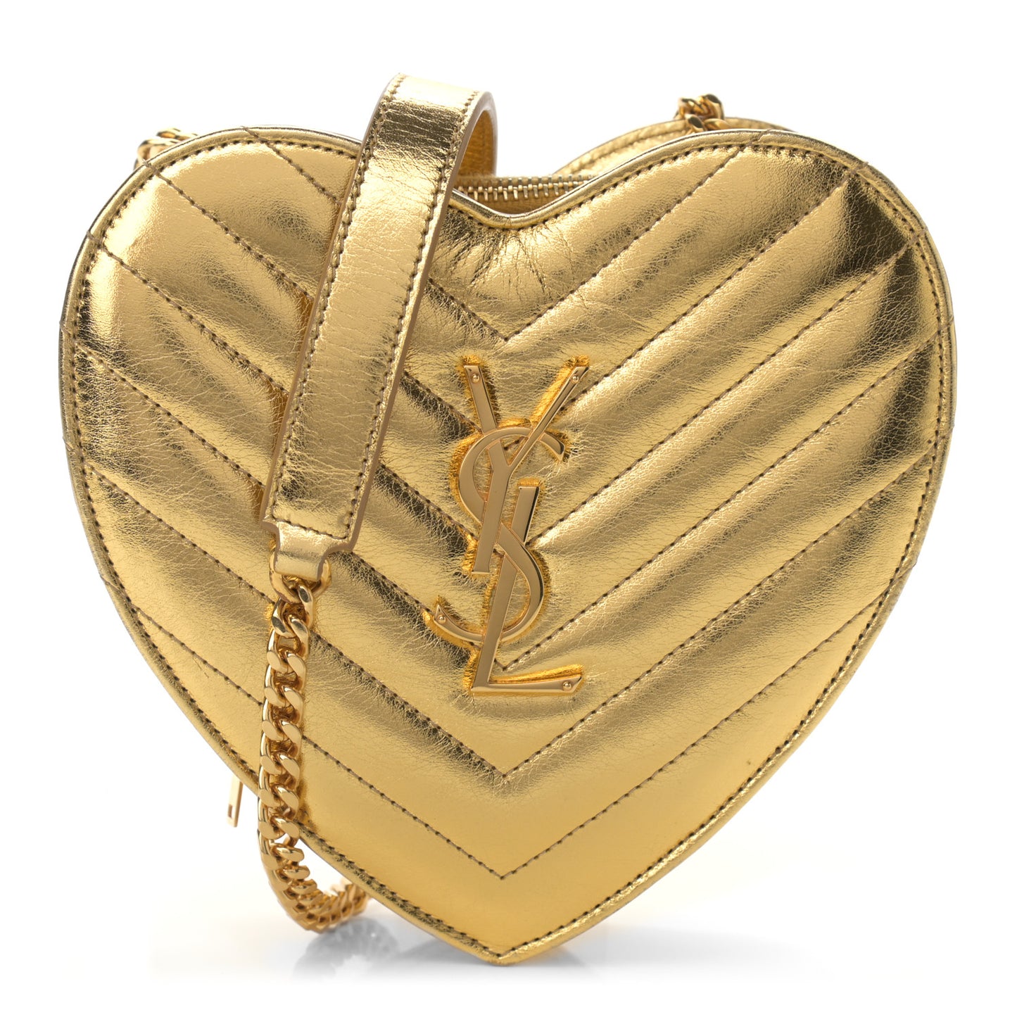Metallic Calfskin Matelasse Chevron Monogram Small Love Heart Chain Bag Gold