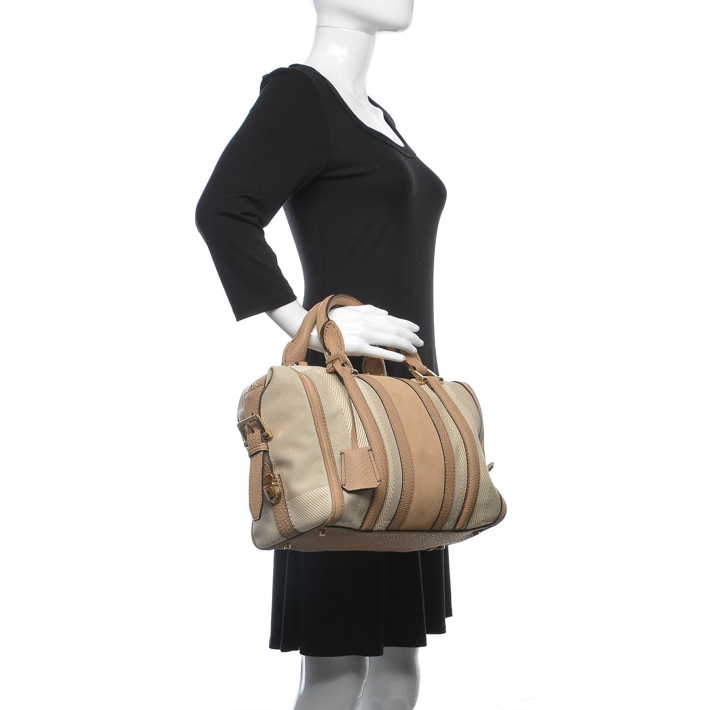 Canvas Calfskin Satchel Beige
