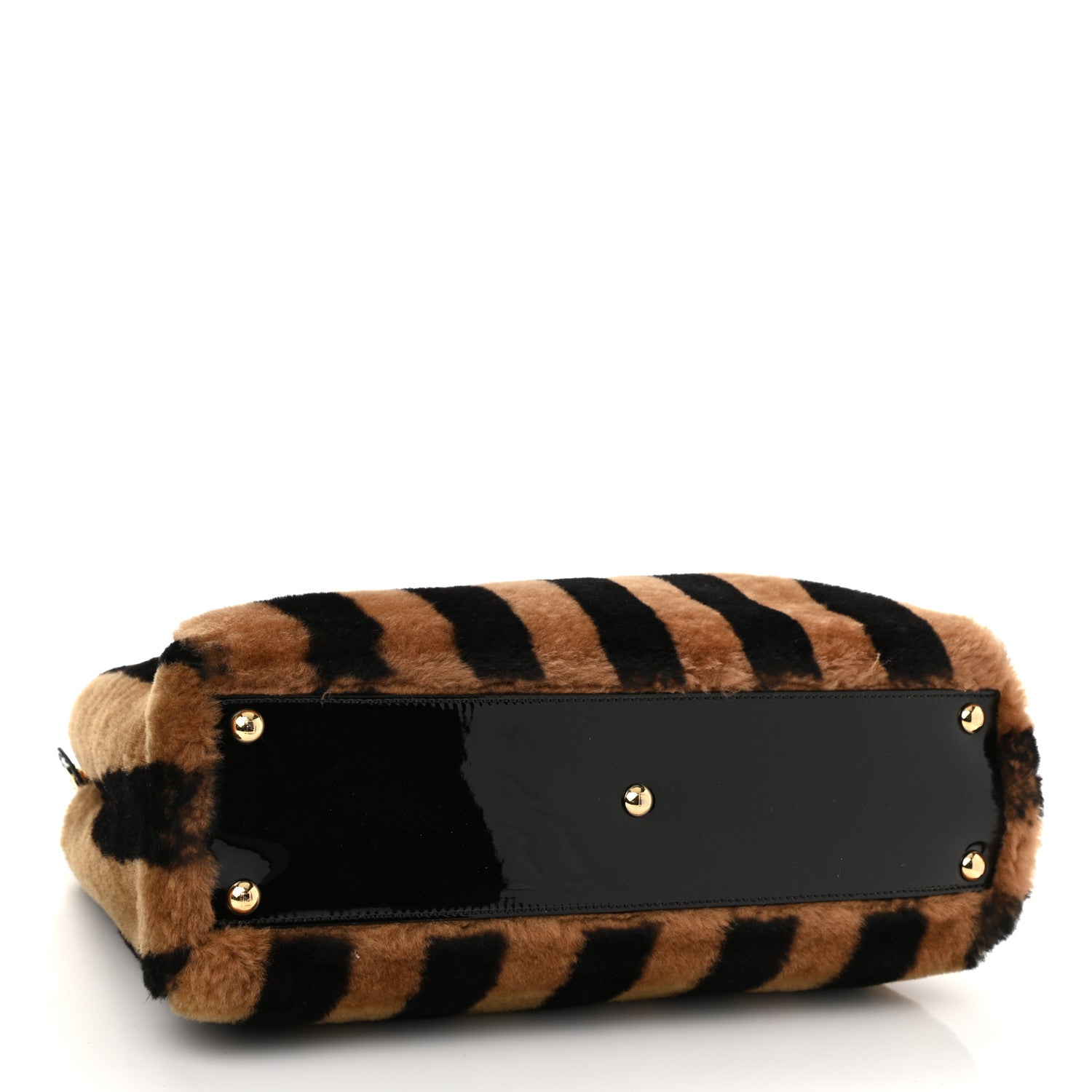 Fendi Shearling Vitello Vernice Mou Pequin Striped Medium Peekaboo Iconic Satchel Tobacco Black 4 of 9