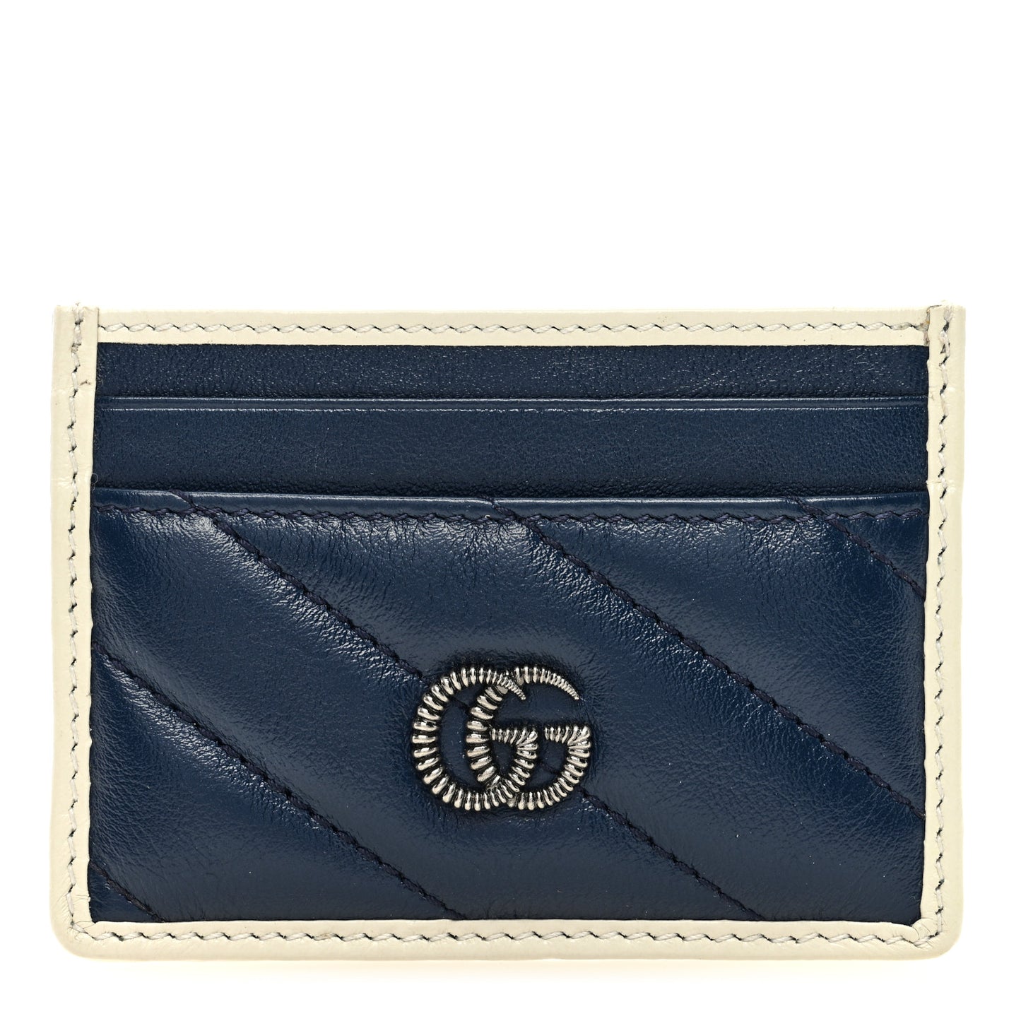 Vintage Effect Calfskin Matelasse Diagonal Torchon GG Marmont Card Holder Blue Agata Mystic White