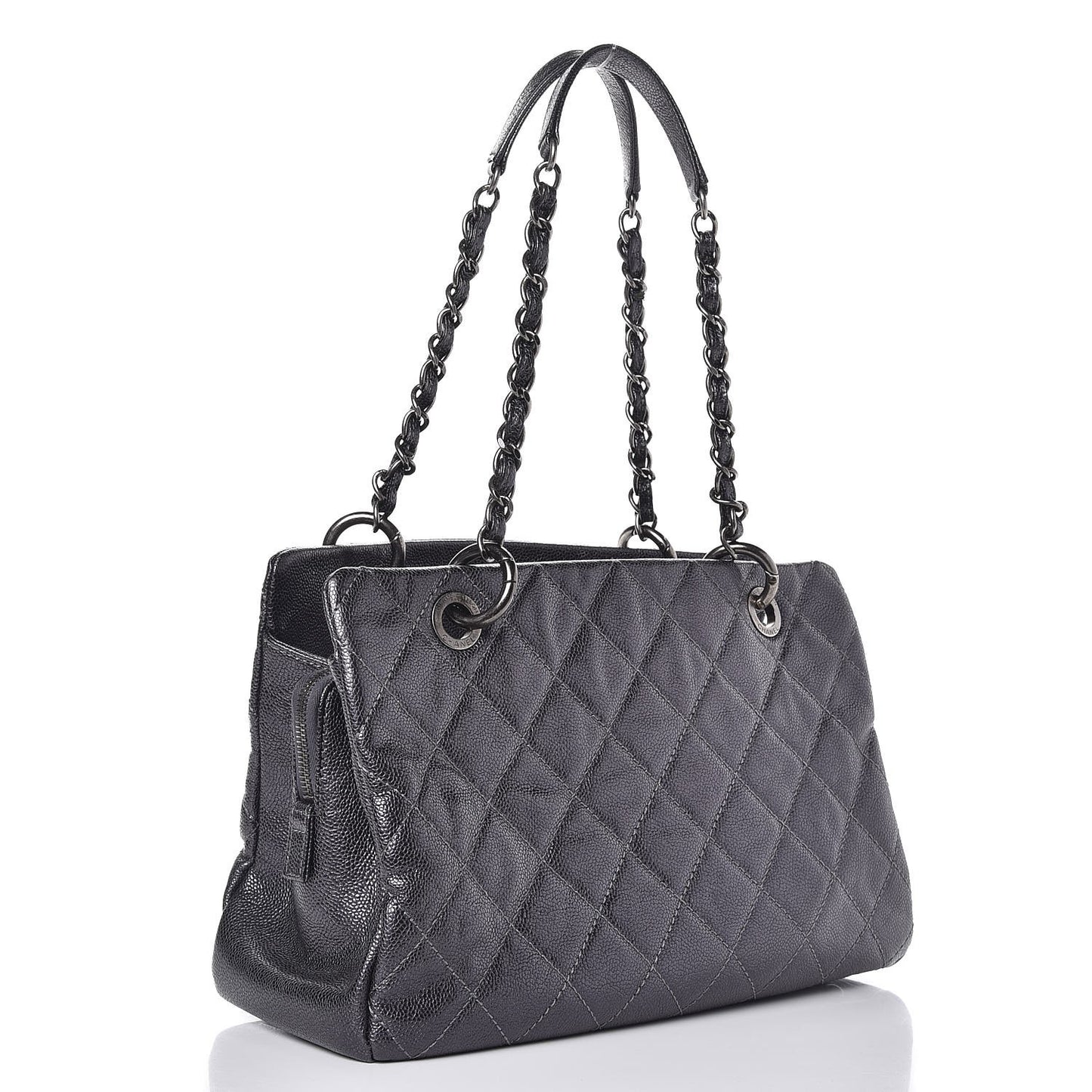 Iridescent Quilted Chic Caviar Shopping Tote Dark Silver