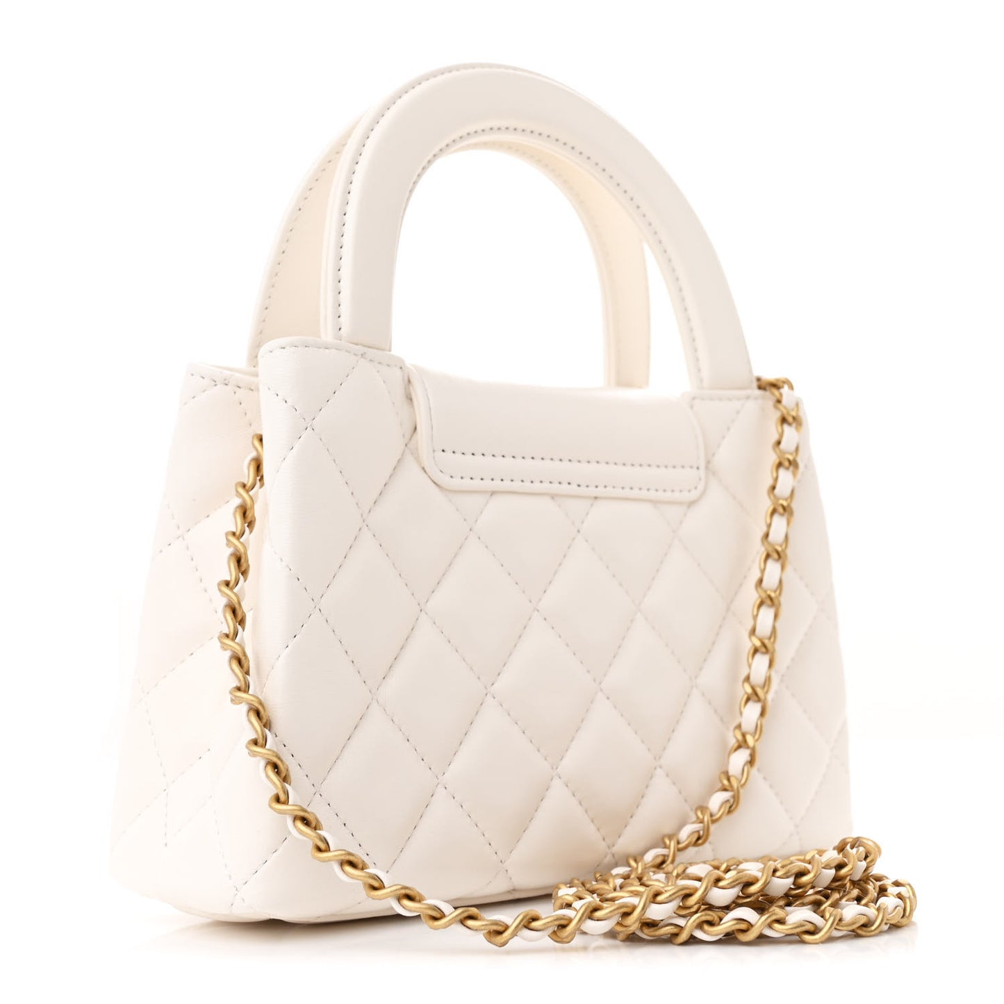 Shiny Aged Calfskin Quilted Nano Kelly Shopper White