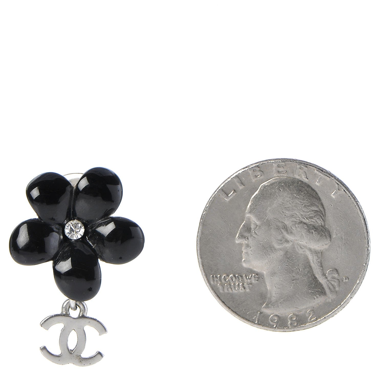 Chanel Enamel Crystal CC Camellia Drop Clip On Earrings Black 2 of 5