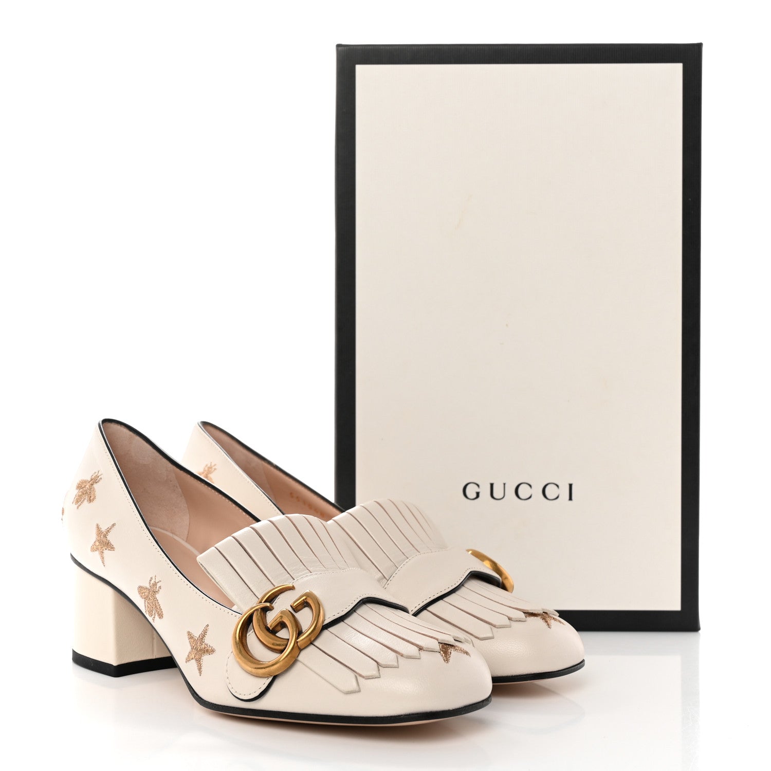 Gucci Quentin Goatskin Bee Star Embroidered GG Marmont Fringe 50mm Loafer Pumps 37 Mystic White 11 of 11