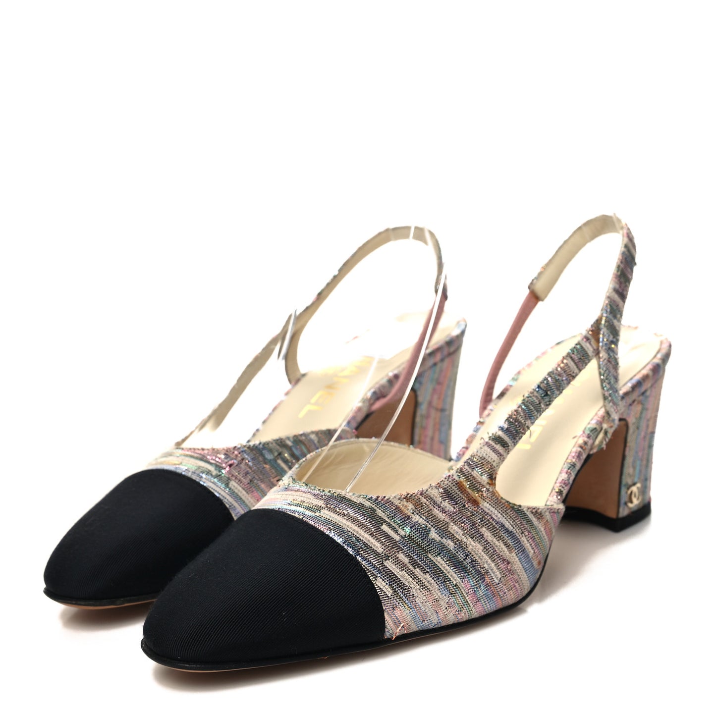 Tweed Grosgrain Cap Toe CC Slingback Pumps 37 Iridescent Multicolor Black