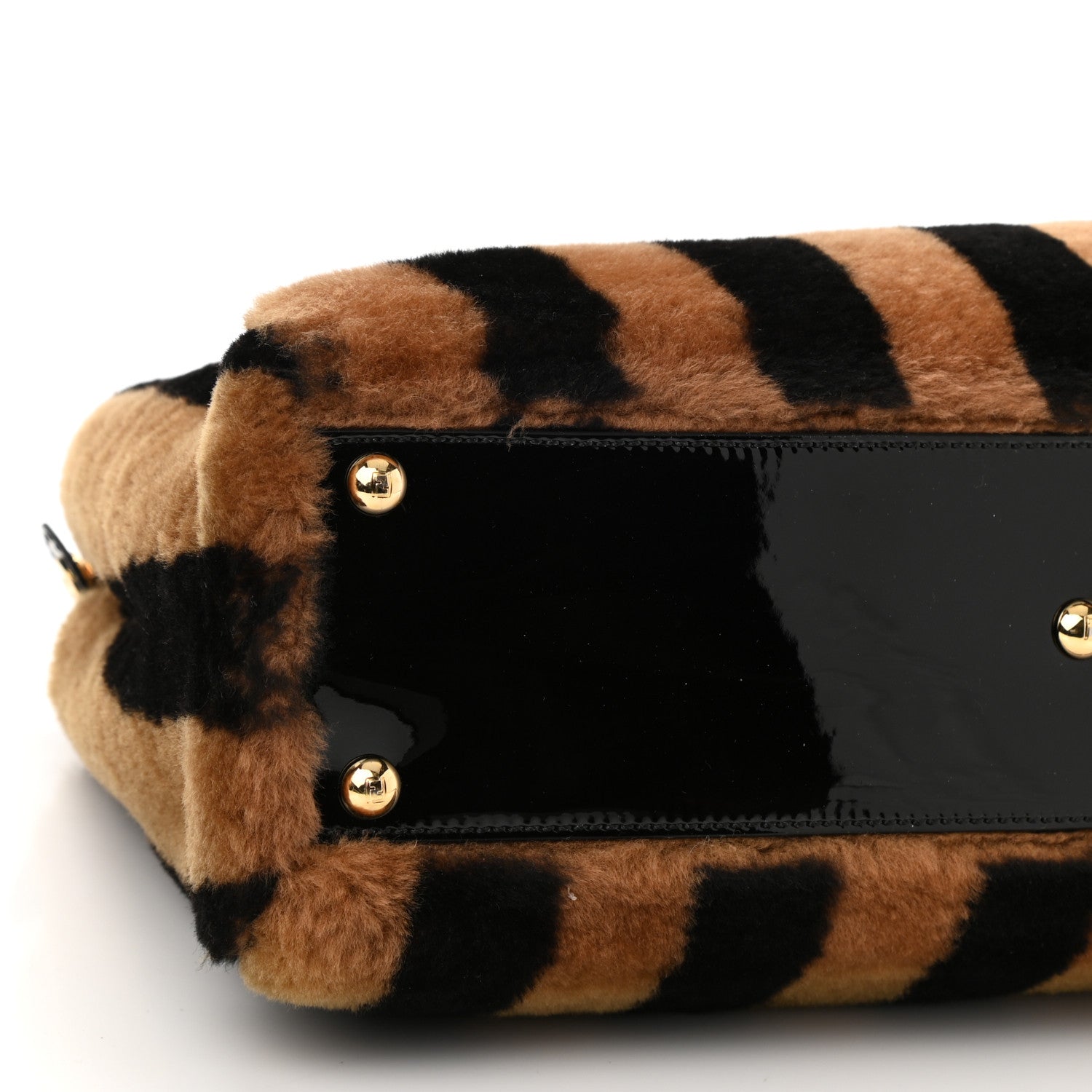 Fendi Shearling Vitello Vernice Mou Pequin Striped Medium Peekaboo Iconic Satchel Tobacco Black 8 of 9
