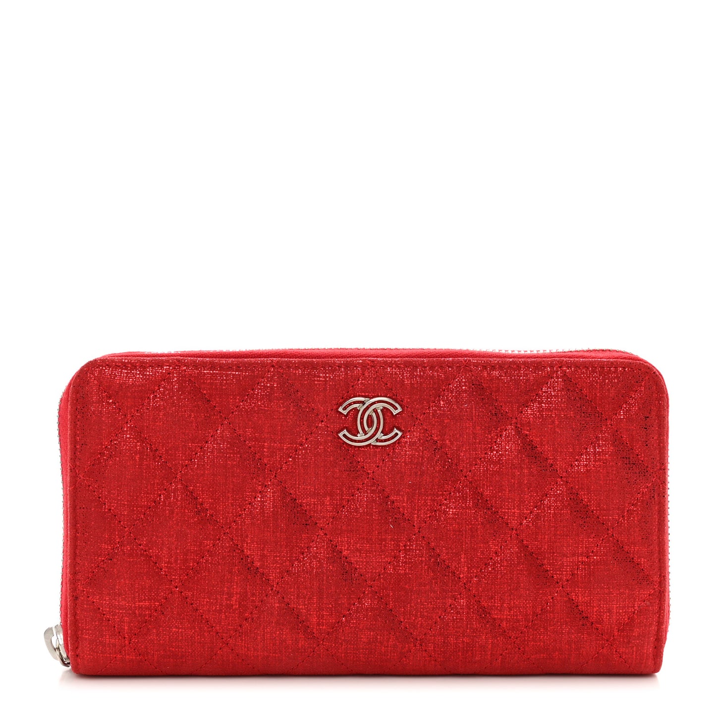 Metallic Iridescent Calfskin Quilted Large Gusset Zip Around Wallet Red