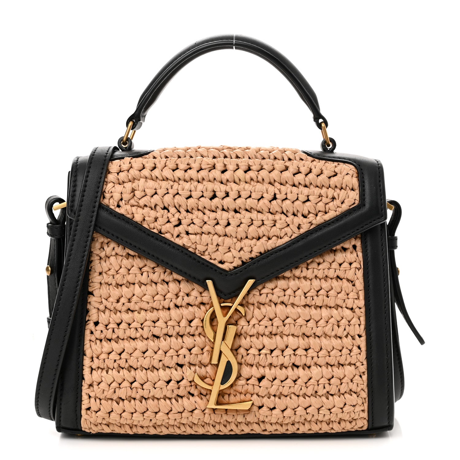 Saint Laurent Raffia Calfskin Mini Classic Monogram Cassandra Top Handle Black Natural 1 of 11
