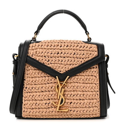 Saint Laurent Raffia Calfskin Mini Classic Monogram Cassandra Top Handle Black Natural 1 of 11