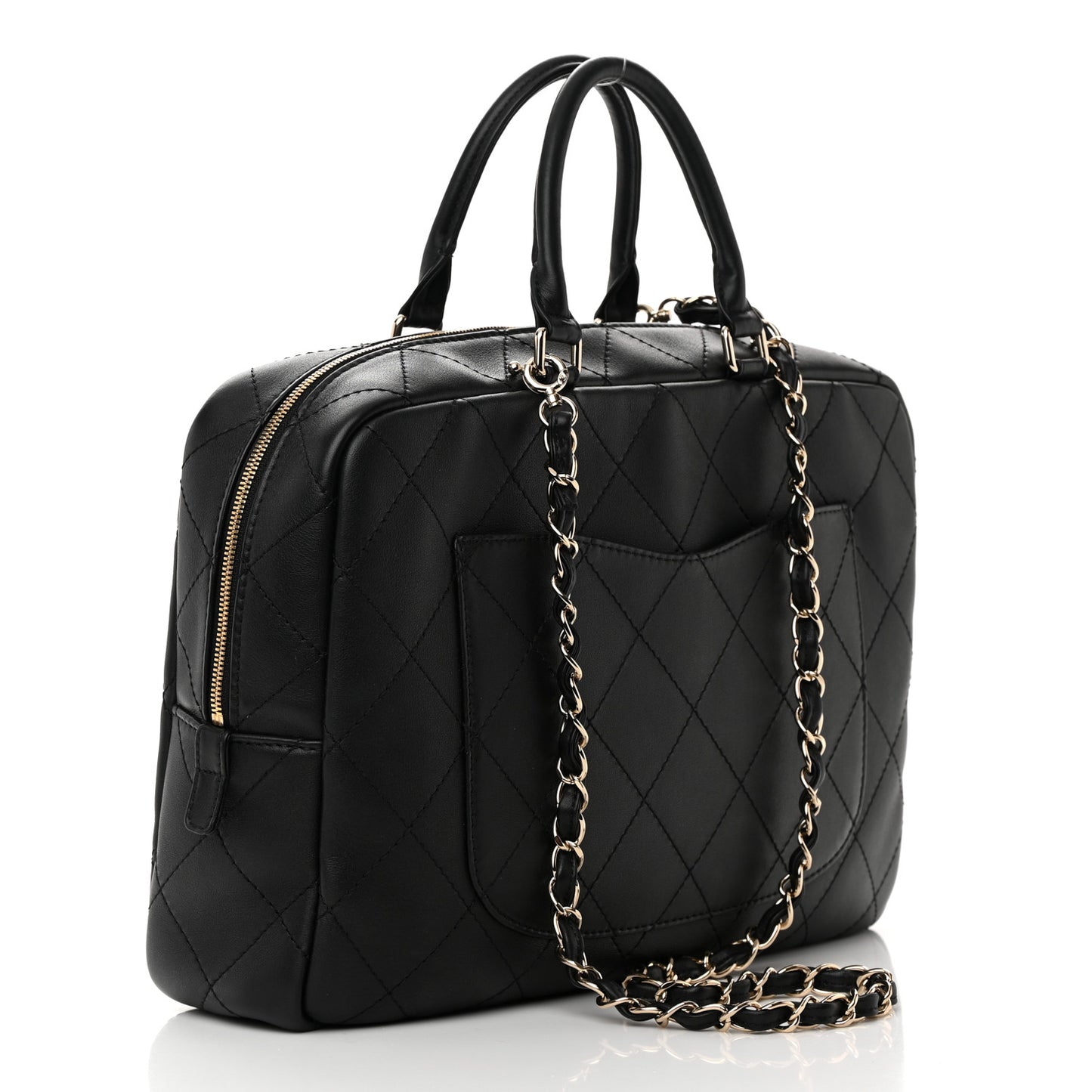 Calfskin Diamond Stitched Top Handle Bowling Bag Black