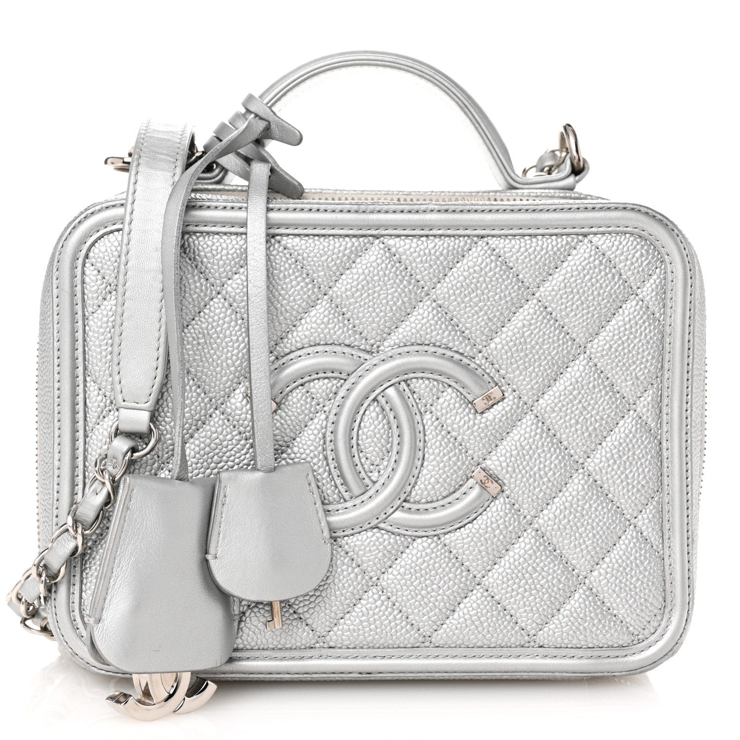 Chanel Metallic Caviar Quilted Medium CC Filigree Vanity Case Silver 1 of 10