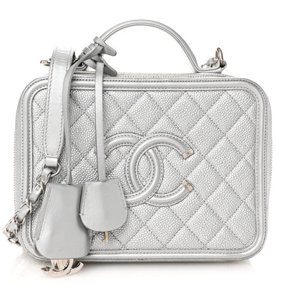 Chanel Metallic Caviar Quilted Medium CC Filigree Vanity Case Silver 1 of 10