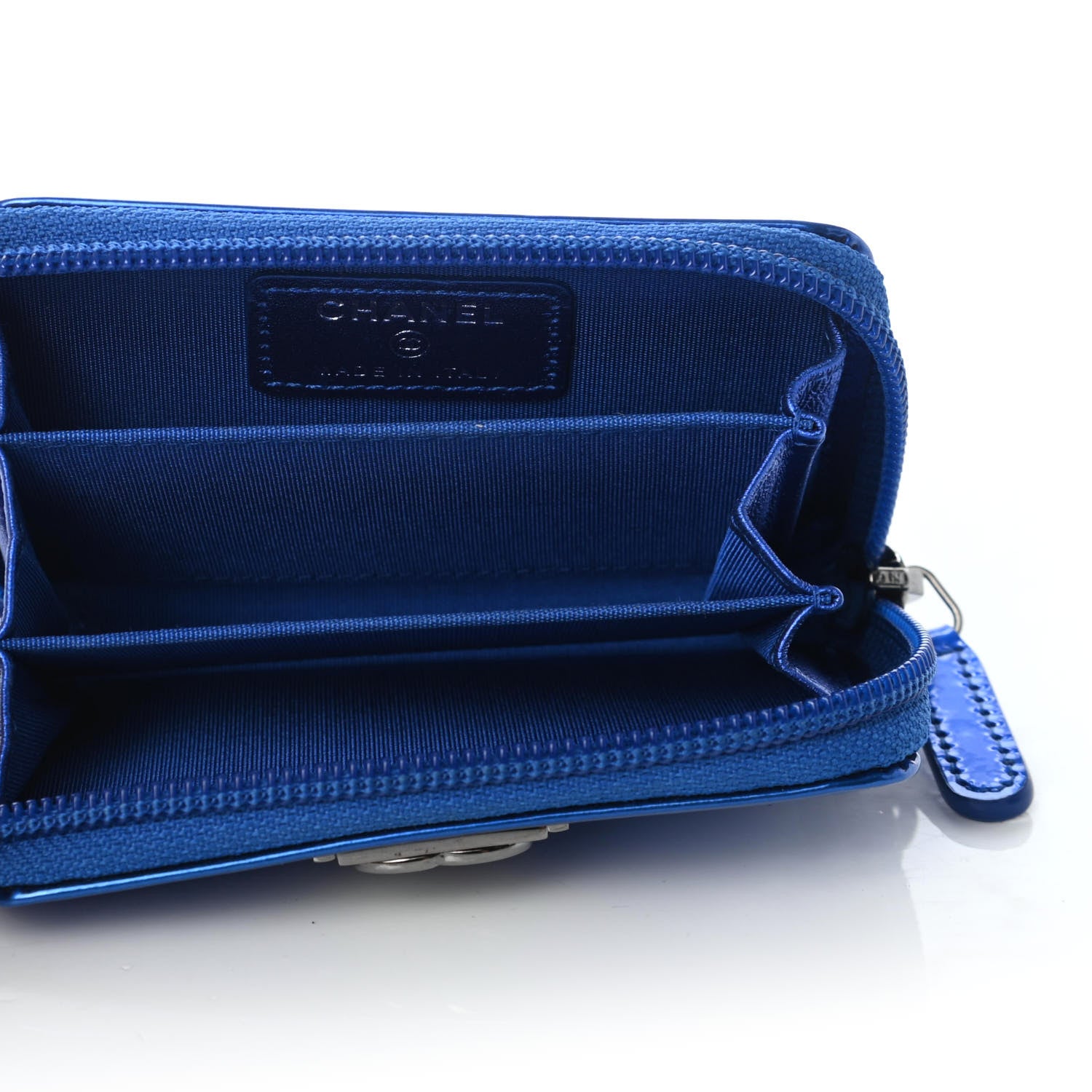 Chanel Metallic Patent Quilted Zip Around Boy Coin Purse Wallet Blue 5 of 7