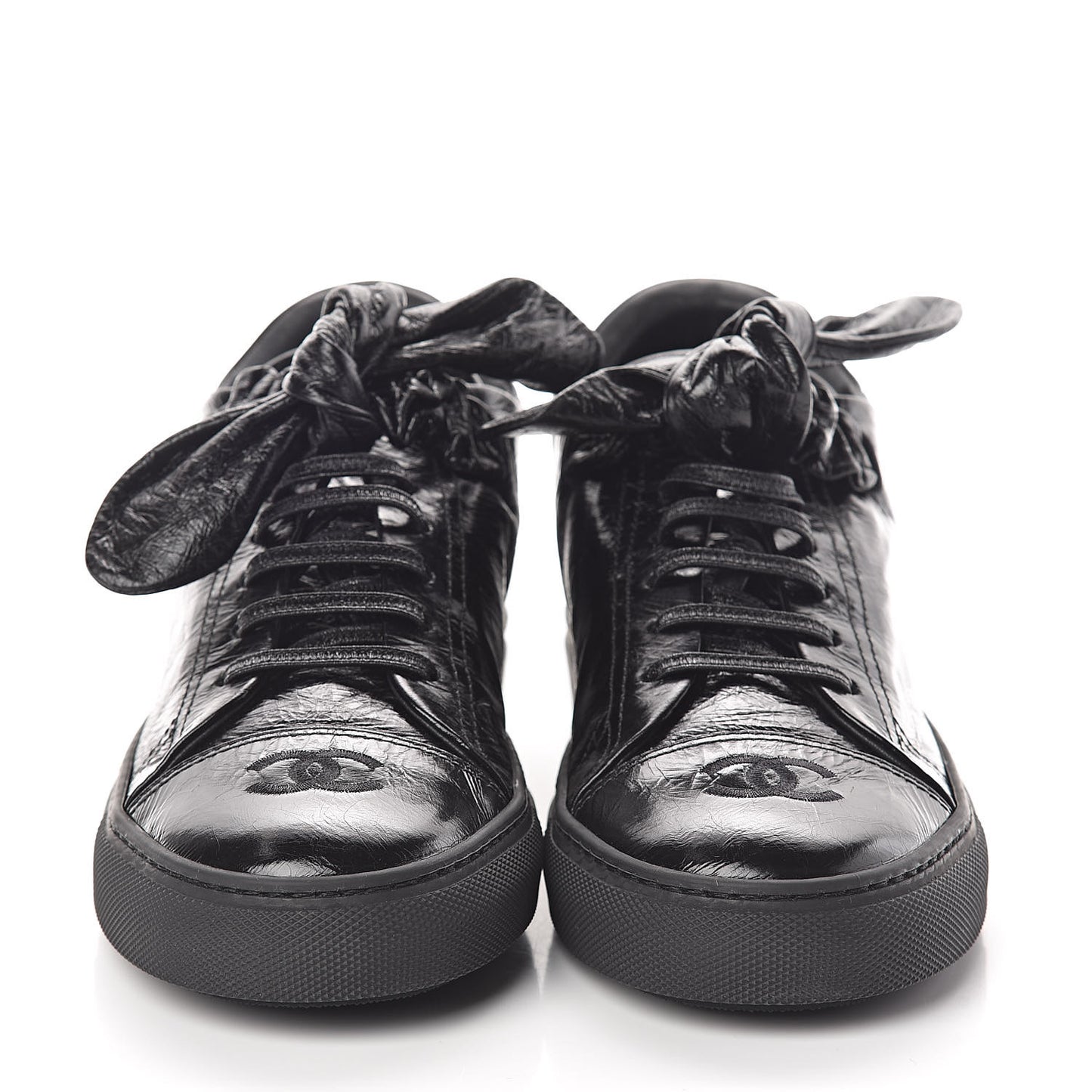 Crumpled Calfskin Womens CC Bow Sneakers 38.5 Black