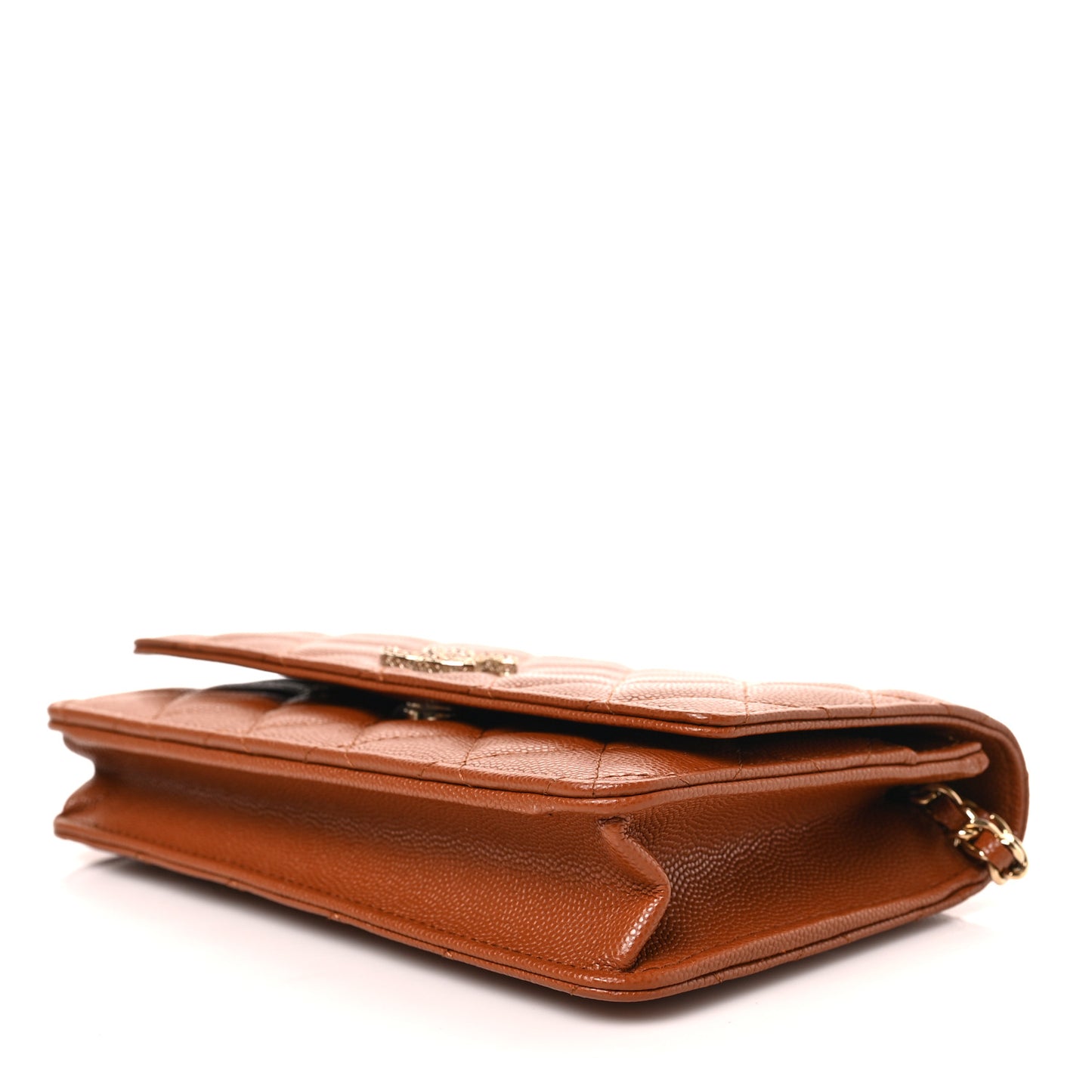 Shiny Caviar Quilted Strass Wallet On Chain WOC Light Brown