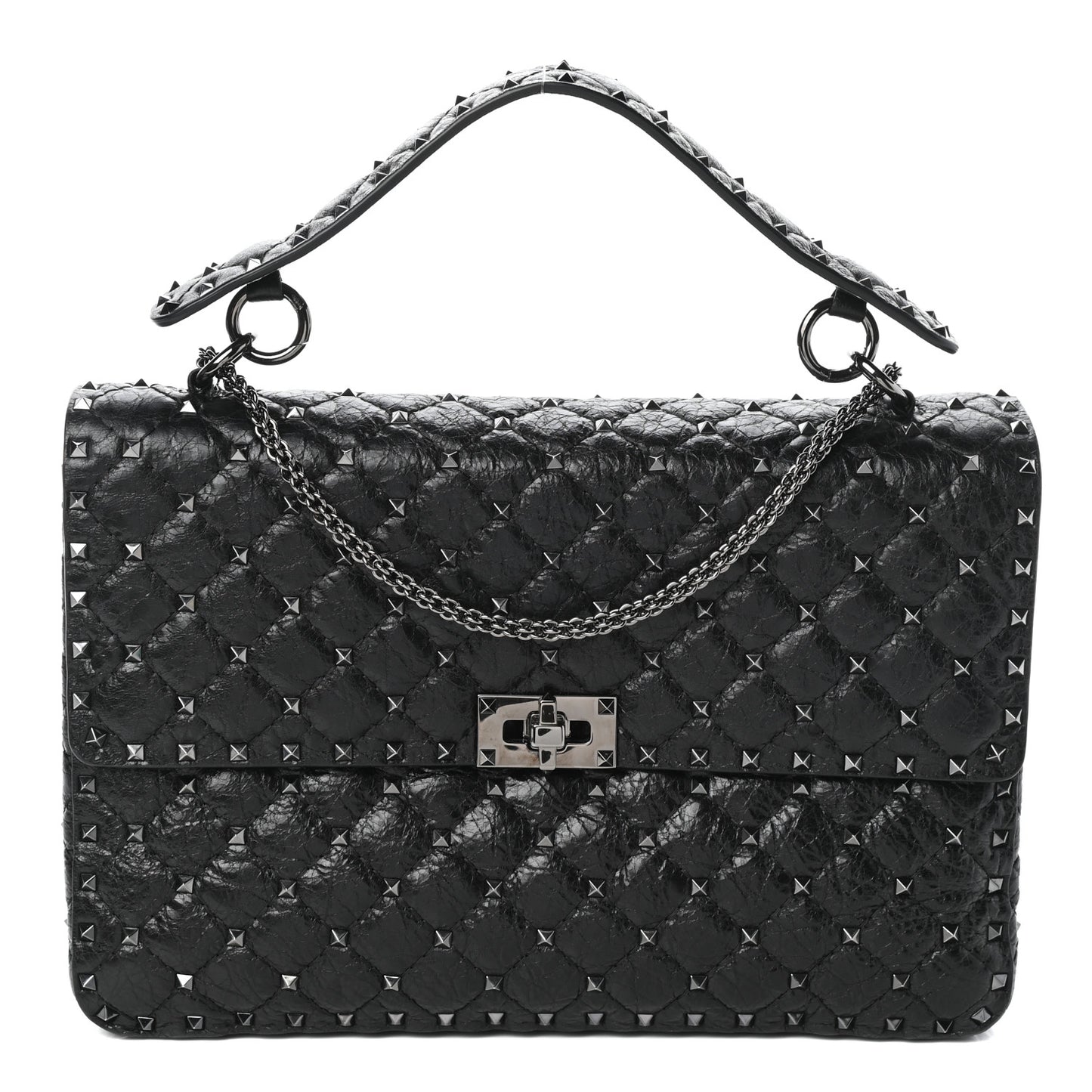 Craquele Nappa Large Rockstud Spike Shoulder Bag Black