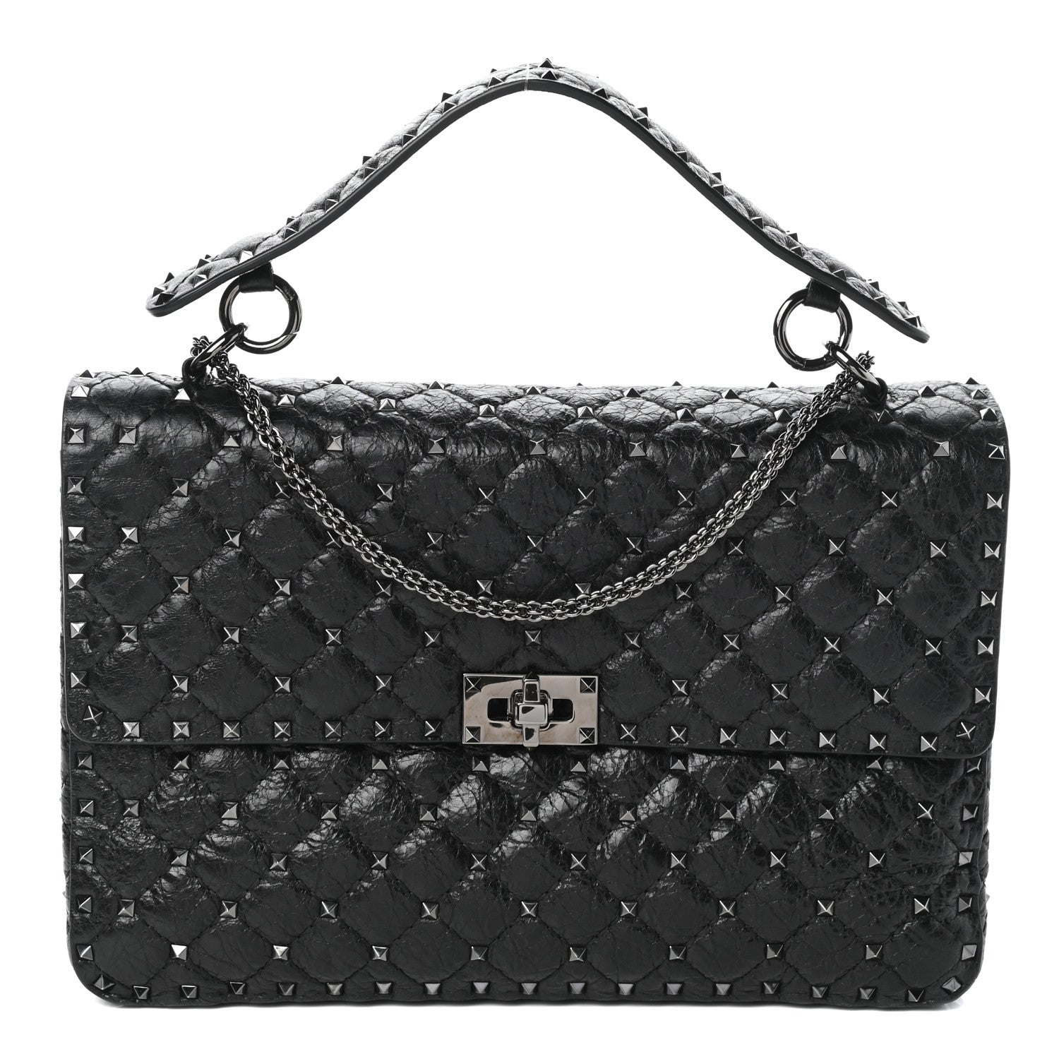 Valentino Garavani Craquele Nappa Large Rockstud Spike Shoulder Bag Black 1 of 9