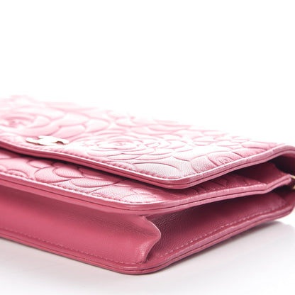 Chanel Lambskin Camellia Embossed Wallet On Chain WOC Pink 13 of 13