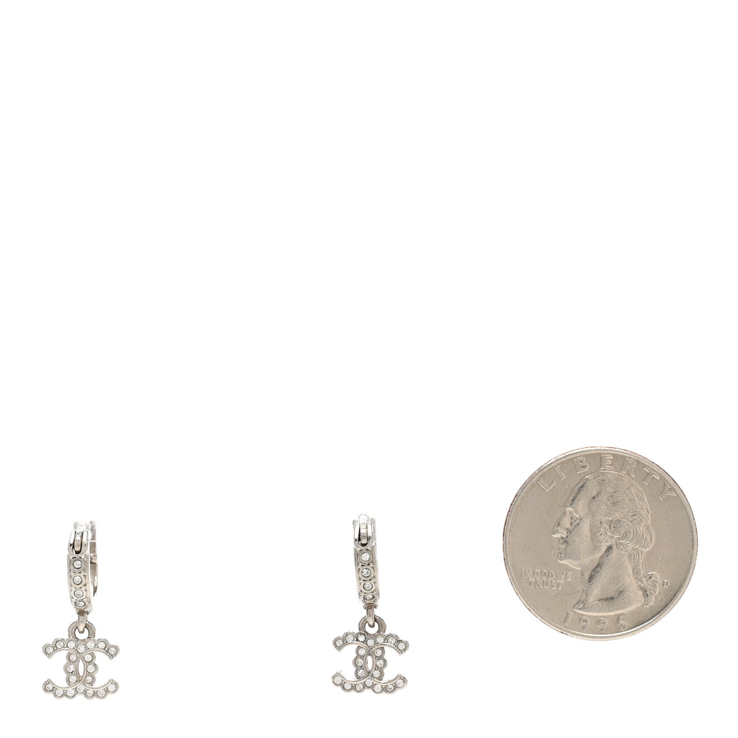 Chanel Metal Crystal CC Hoop Drop Earrings Silver 2 of 5
