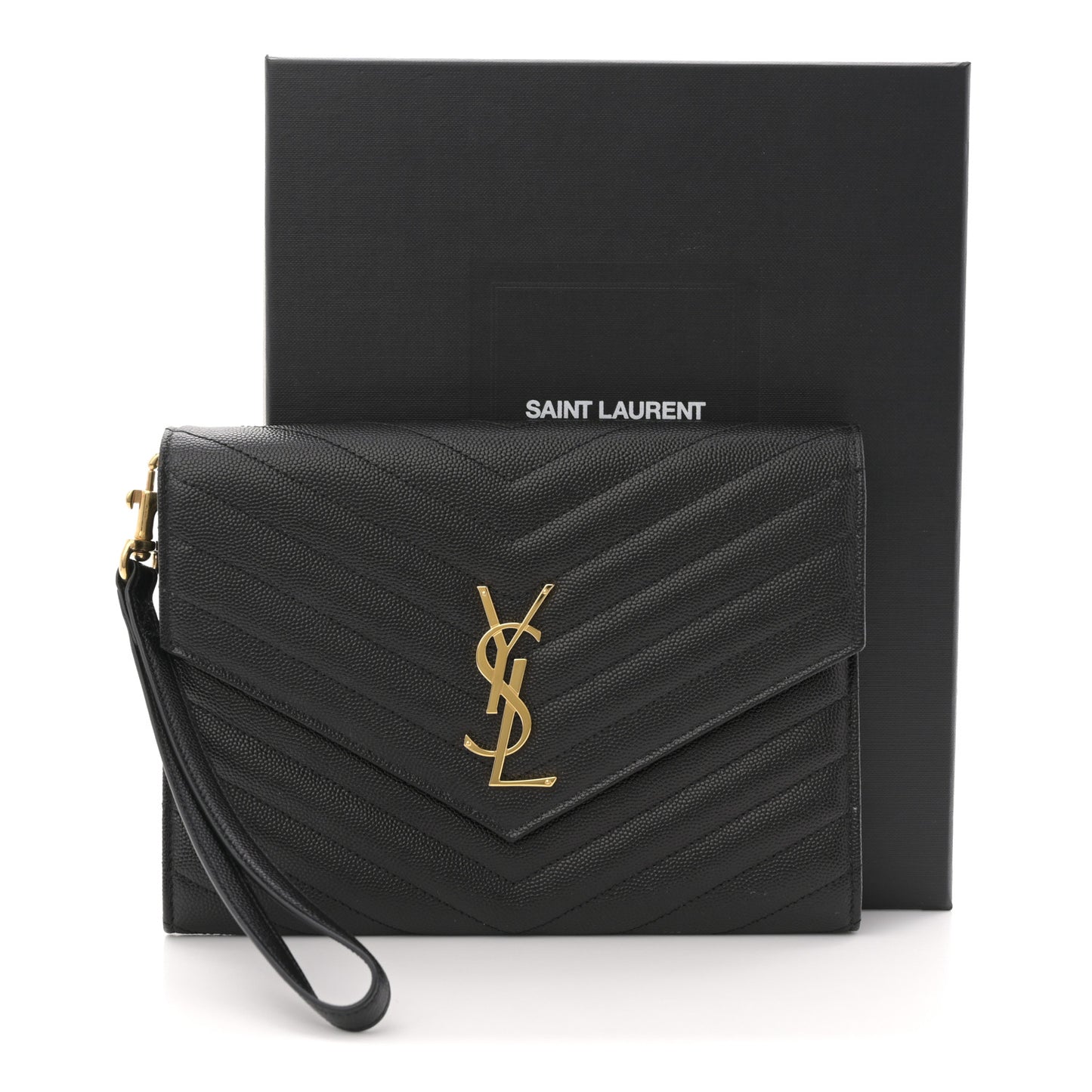 Grain De Poudre Matelasse Chevron Monogram Envelope Clutch Black