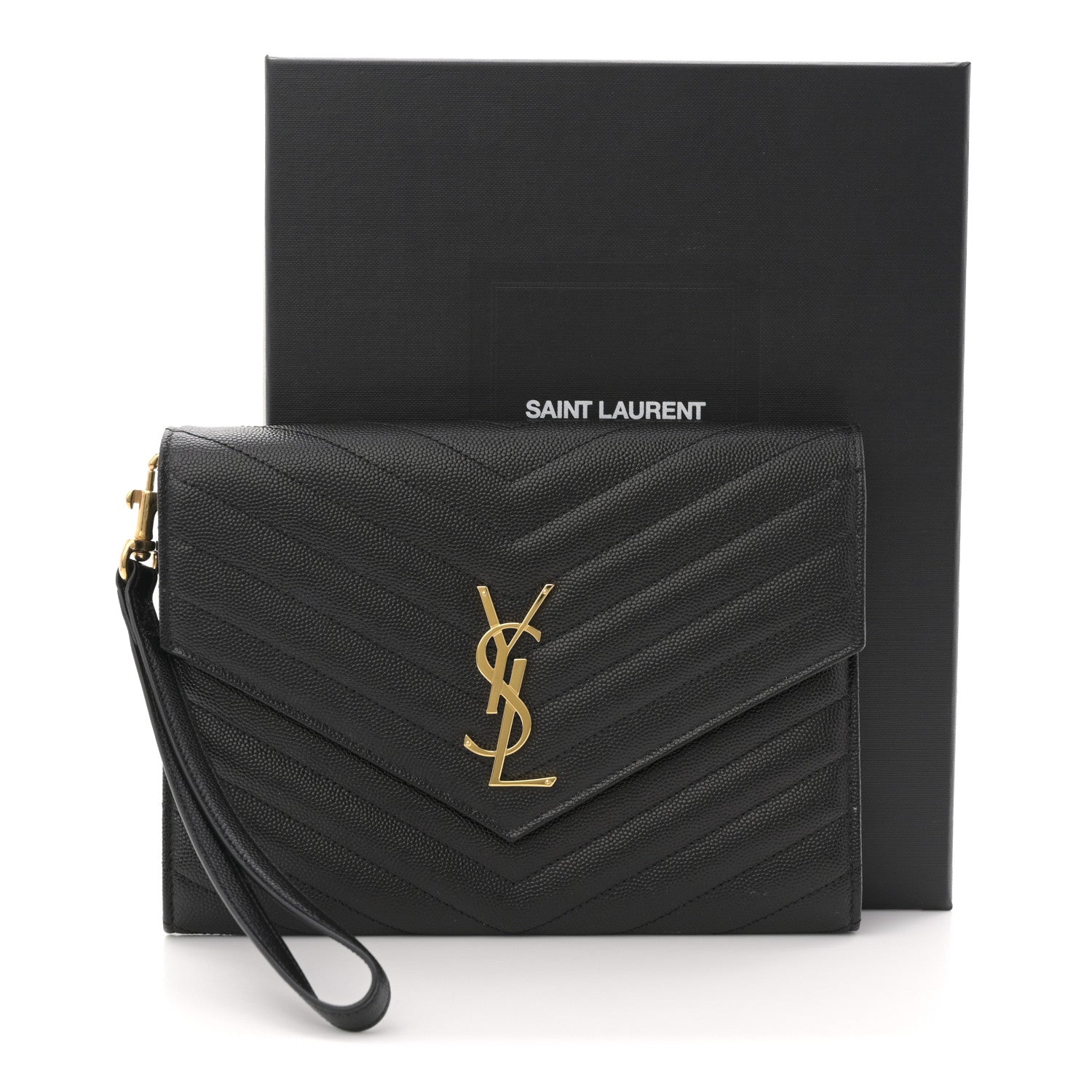 Saint Laurent Grain De Poudre Matelasse Chevron Monogram Envelope Clutch Black 8 of 8