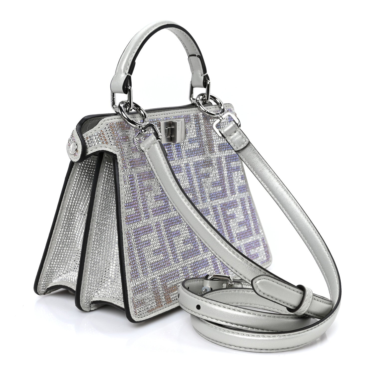Fendi Iridescent Crystal Vitello Laminato Suede FF Petite Peekaboo I SEE U Satchel Cappuccino 2 of 10