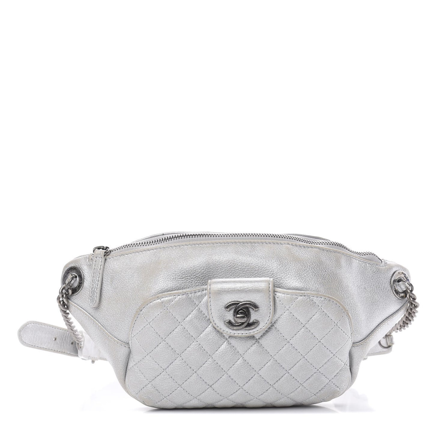 Metallic Grained Calfskin Quilted Casual Rock Waist Bag Fanny Pack Silver