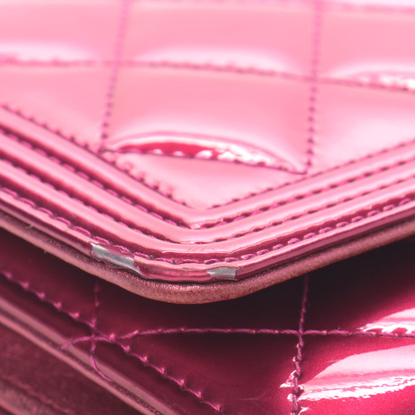 Metallic Patent Calfskin Quilted Boy Wallet On Chain WOC Fuchsia
