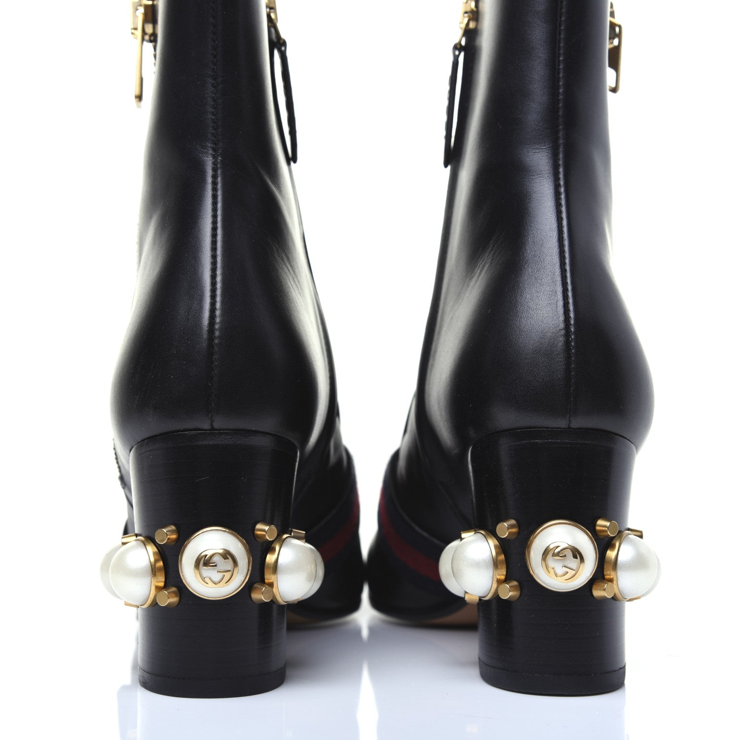 Gucci Betis Glamour Calfskin Web Pearl Embellished Peyton 75mm Ankle Boots 37 Black 11 of 19