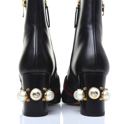 Gucci Betis Glamour Calfskin Web Pearl Embellished Peyton 75mm Ankle Boots 37 Black 11 of 19