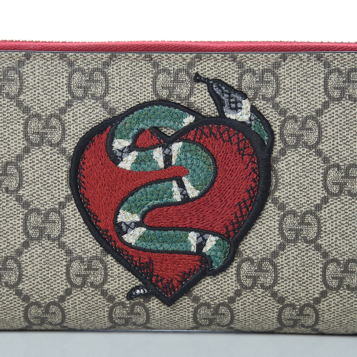 GG Supreme Monogram Kingsnake Heart Embroidered Zip Around Wallet Red