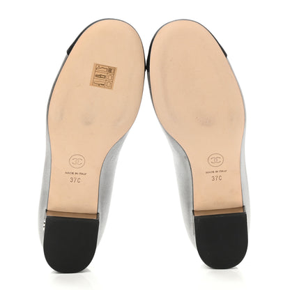 Chanel Metallic Calfskin Grosgrain Cap Toe CC Ballerina Flats 37 Silver Black 5 of 9