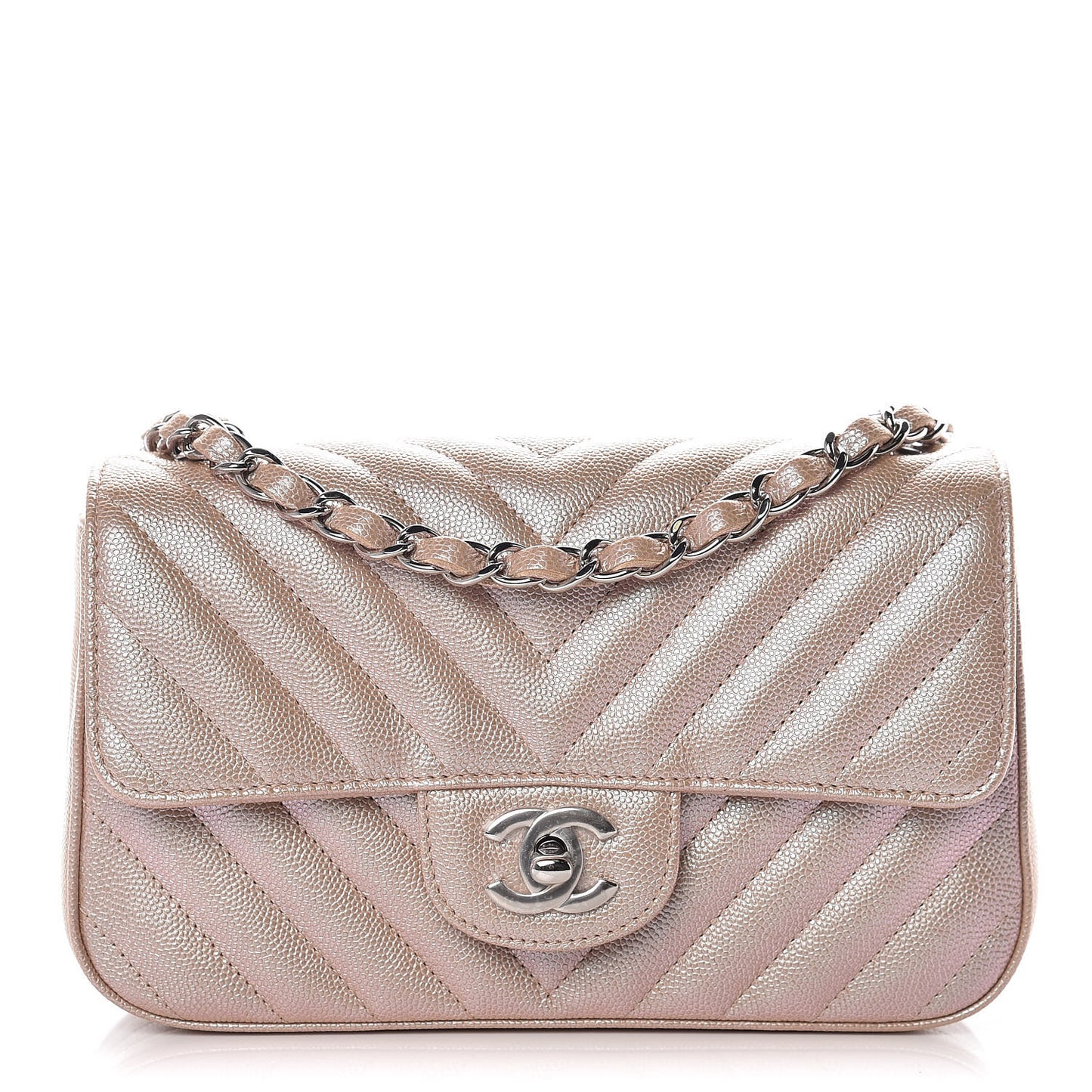 Iridescent Caviar Chevron Quilted Mini Rectangular Flap Light Gold