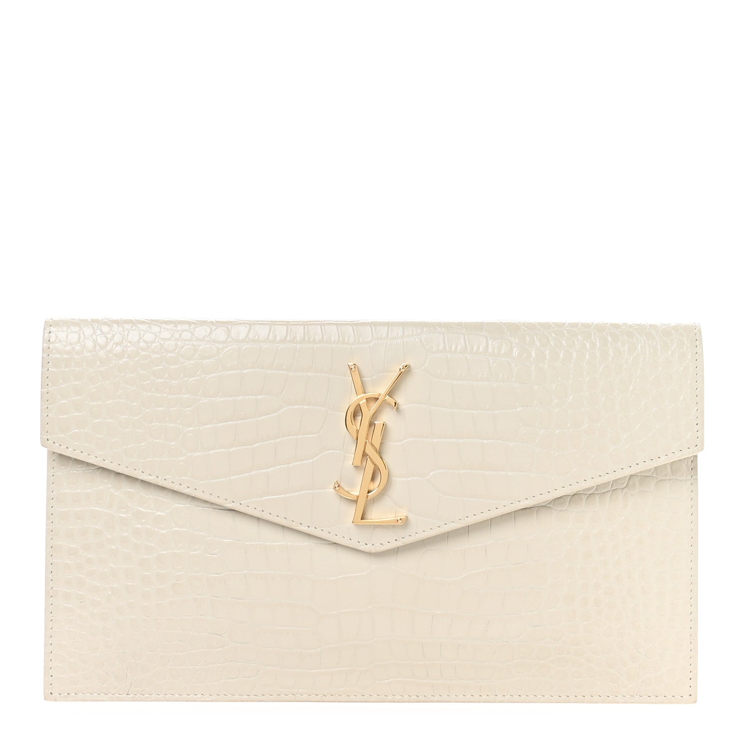 Saint Laurent Calfskin Crocodile Embossed Uptown Monogram Pouch Crema Soft 1 of 9