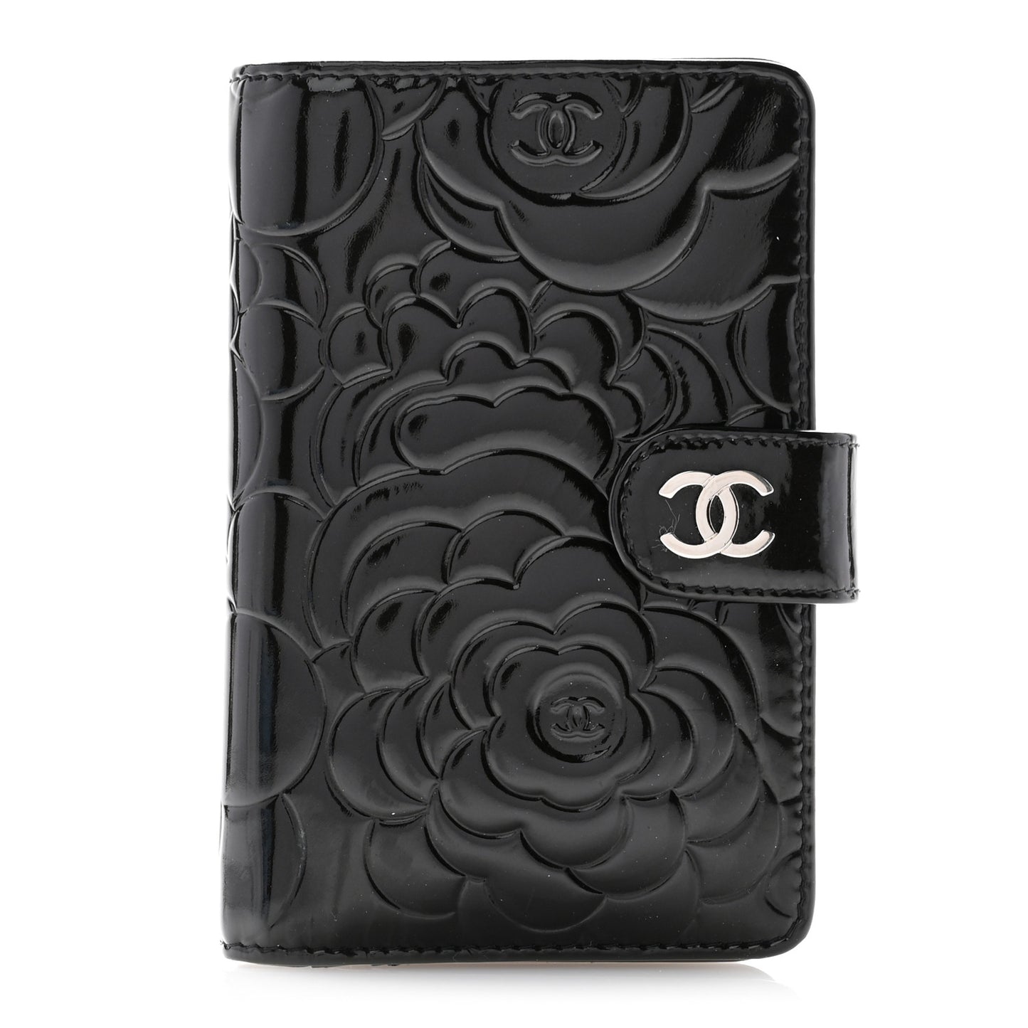 Patent Camellia Embossed Zipped Pocket Wallet Black