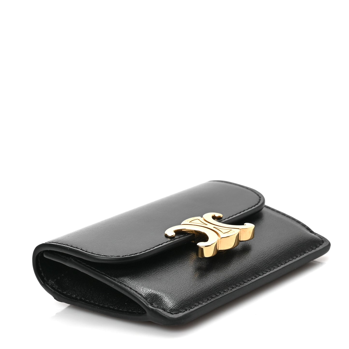 Shiny Calfskin Triomphe Flap Card Holder Black