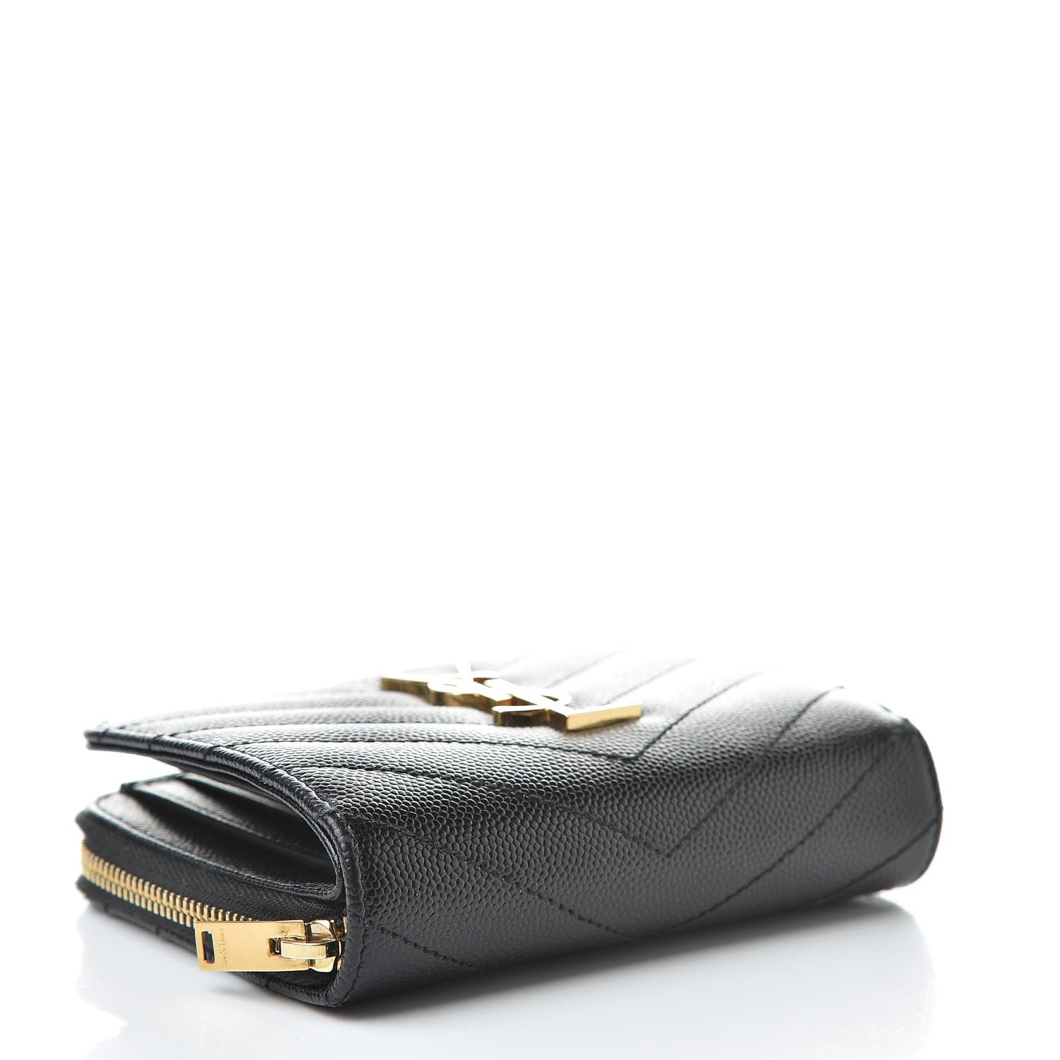 Saint Laurent Grain De Poudre Matelasse Chevron Monogram Compact Zip Around Wallet Black 4 of 10
