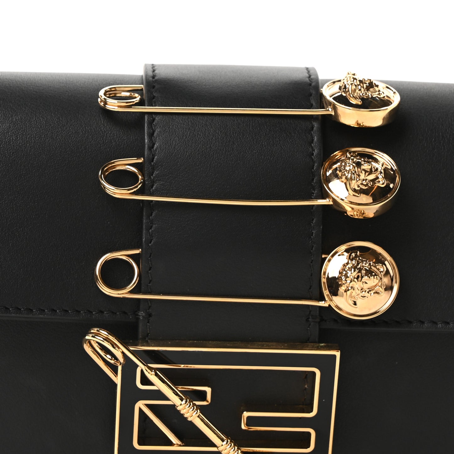 X VERSACE Vitello Seta Fendace Mini Brooch Baguette Black