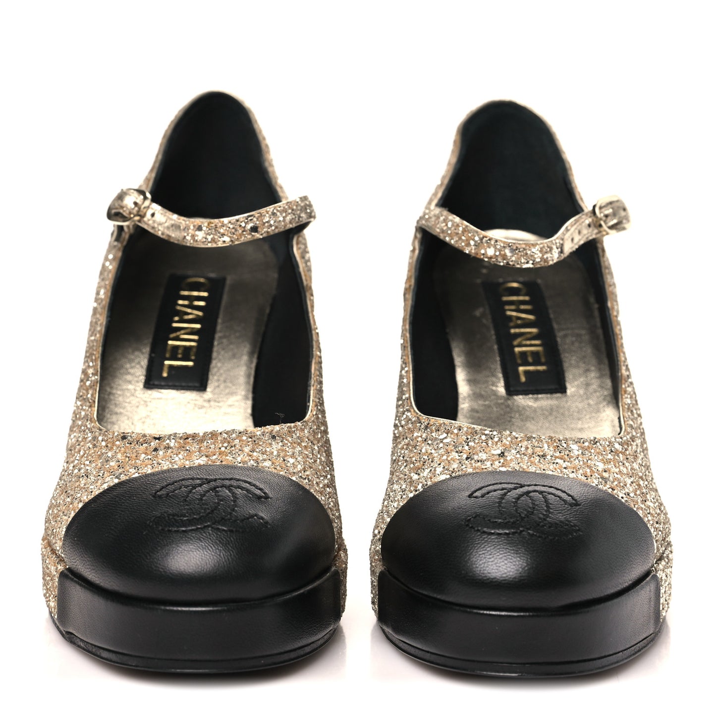 Glitter Lambskin Cap Toe CC Mary Jane Pumps 37 Light Gold Black