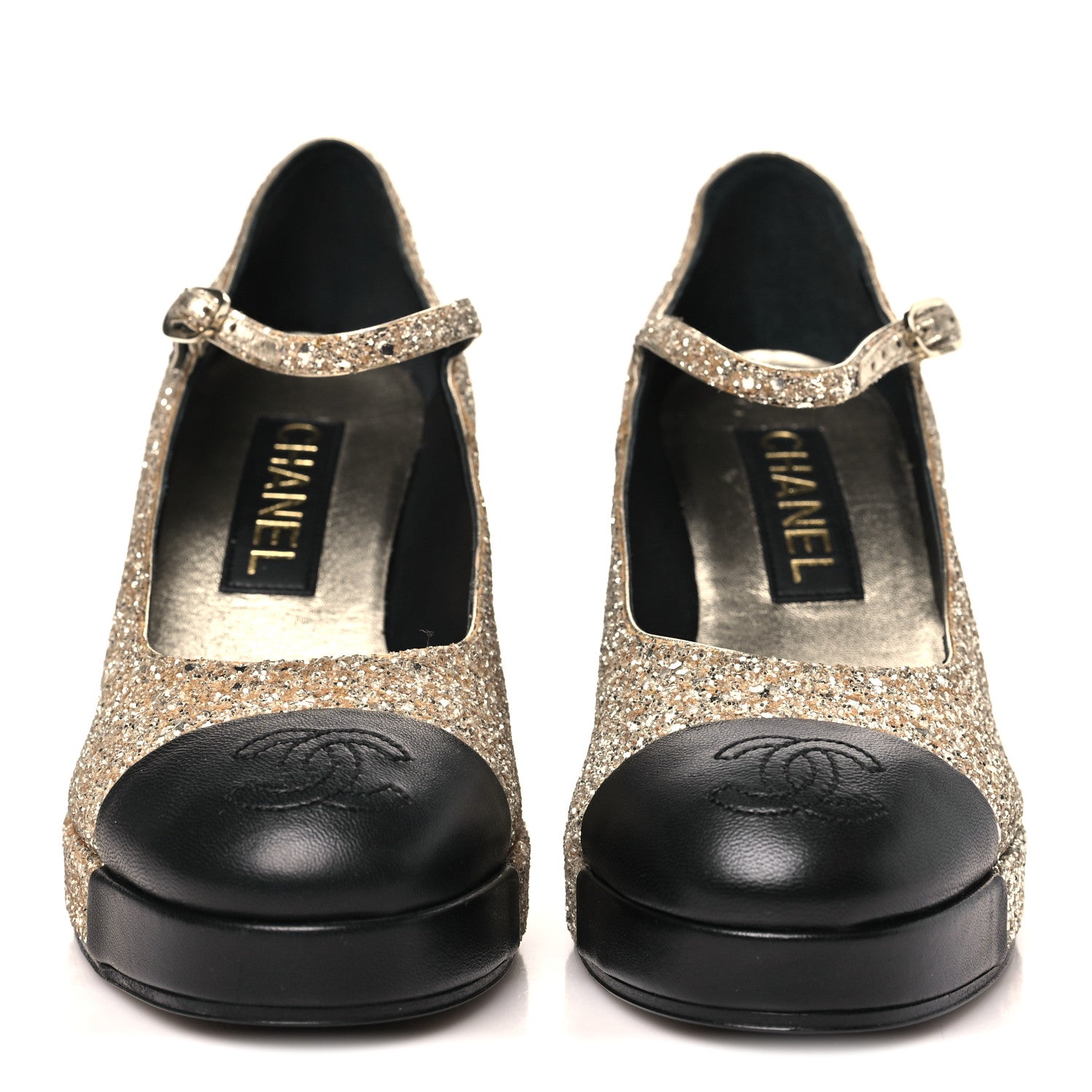 Chanel Glitter Lambskin Cap Toe CC Mary Jane Pumps 37 Light Gold Black 3 of 9