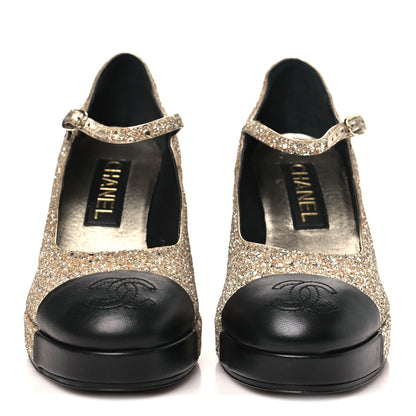 Chanel Glitter Lambskin Cap Toe CC Mary Jane Pumps 37 Light Gold Black 3 of 9