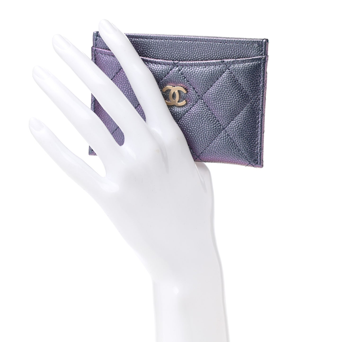 Iridescent Caviar Quilted Card Holder Dark Blue